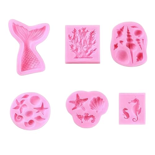 Ocean Theme Silicone Fondant Molds Set Mermaid Tail Starfish Seahorse Seashell Coral Cake Decorating Molds 6 Pack