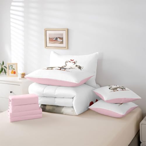 Image of Erosebridal Geese Valentine 7 Pcs Bedding Set King Size Cartoon Ducks Comforter Set for Girls Kids Goose Duck Couple Decor Quilt Set Kawaii Farm Animals Bed in A Bag with Flat and Fitted Sheet