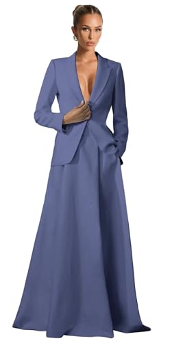 2 Piece Skirt Suits Set Dressy with Pockets Long Sleeve V Neck Formal Blazers for Women Wedding Guest