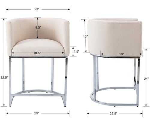 Image of HNY Modern Counter Height Linen Cream Fabric Upholstered Counter Stools Set of 3, 24 Inch Kitchen Island Stool with Chrome Finish Metal Frame