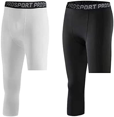 Hotfiary Men's One Leg Compression Pants Capri Tights 3/4 Athletic Leggings Base Layers for Basketball Running (2 pcs)