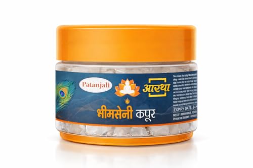 Image of Patanjali Aastha Bhimseni Kapoor Camphor Crystals for Puja, Havan & Aromatherapy | Natural Long Lasting Air Freshening Kapoor | 25g Each Jar, Pack of 4 for Home, Temple & Spiritual Use for Daily Pooja