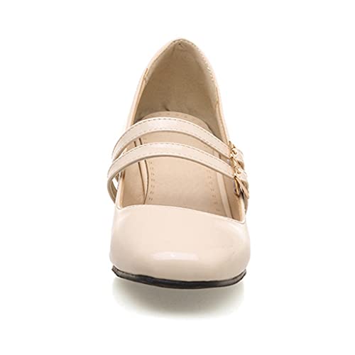 MIOKE Women's Mary Jane Pump Oxford Square Toe Patent Leather Buckle Strap Chunky Mid Heel Retro Dress Shoes4