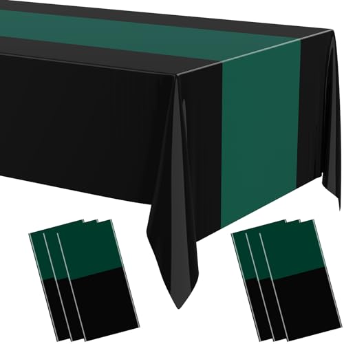 Image of Oudain 6 Pcs Plastic Table Cloths Disposable 54 inch x 108 inch, Dark Green, Black | Rectangle Table Cover, Waterproof Tablescloths for Back to School Wedding Baby Shower Birthdays Party Decoration
