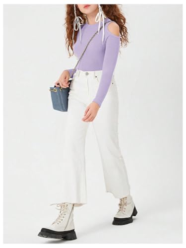 WDIRARA Girl's Cold Shoulder Long Sleeve Tee Shirts Top Cut Out Crew Neck Slim Fit Knitted T-Shirt3