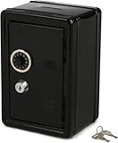 Frcctre Kids Safe Bank, Money Box with Coin Tray, Mini Locker Small Safe Storage Box Piggy Bank with Combination Lock and Key, 7" H x 4.7" Lx 3.9" W, Black