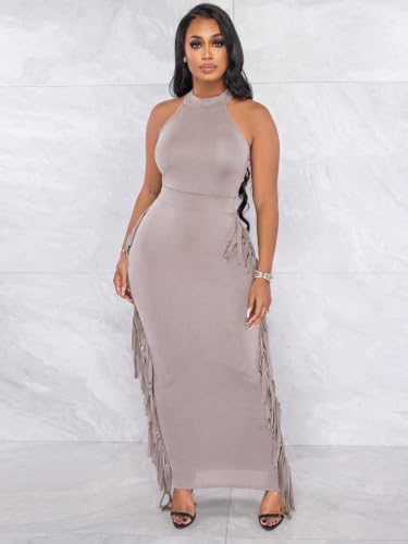 Image of 2 Piece Outfits for Women Sexy Halter Neck Sleeveless Crop Tops Ruched Bodycon Dresses Jumpsuits Fringe Skirt Sets