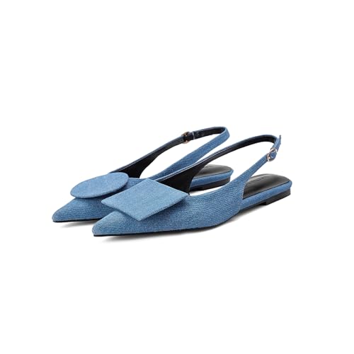 Vertundy Women's Slingback Flats Pointed Toe Flats for Women Ankle Strap Sandals Circle Square Decorative Fashion Design Pumps Denim Blue Shoes