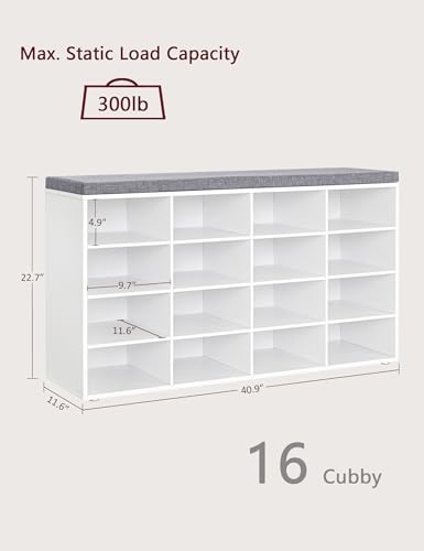 DINZI LVJ Shoe Storage Bench with Cushion, 16-Cubby Shoe Rack, Adjustable Shelves, Multifunctional Shoe Organizer Bench for Entryway, Mudroom, Hallway, Living Room, Bedroom and Garage, White