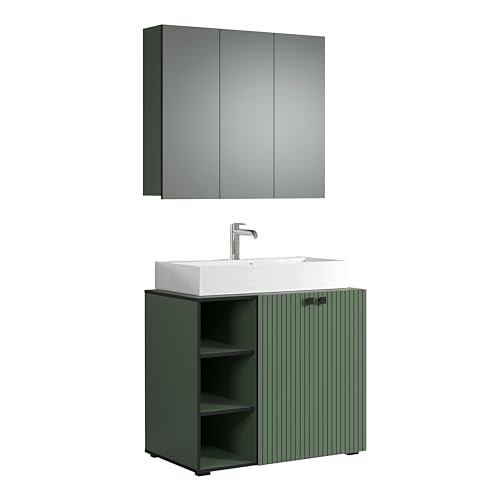 trendteam smart living - PureBliss - Juego de muebles de baño - Verde con aspecto de ranura - Muebles de baño con elegantes asas metálicas - 90 x 186 x 53 cm - Armario para lavabo con 3 compartimentos