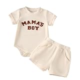 UUAISSO Ropa Verano Para Bebé Niño Conjunto Camiseta y Pantalones Cortos de Punto Gofre Bordados Para Mamás beige 0-3 meses