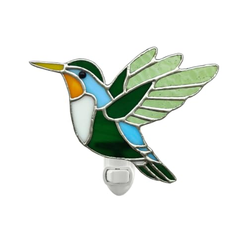 Image of CHEZBABY Stained Glass Hummingbird Plug-in Night Light | Art glass shade, 1W LED bulb, 120V rotatable plug with switch, Nature-inspired charm for bedroom,hallway,living room,kitchen.