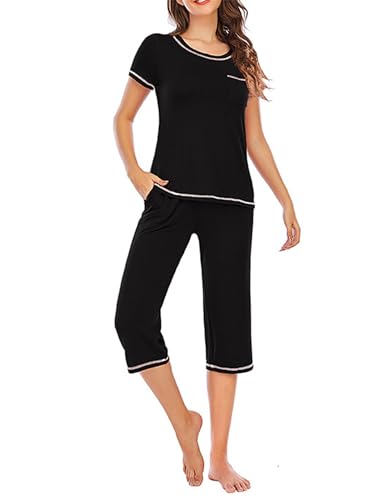 Pyjama col rond femmes léger et respirant pantalon capri fluide avec poches