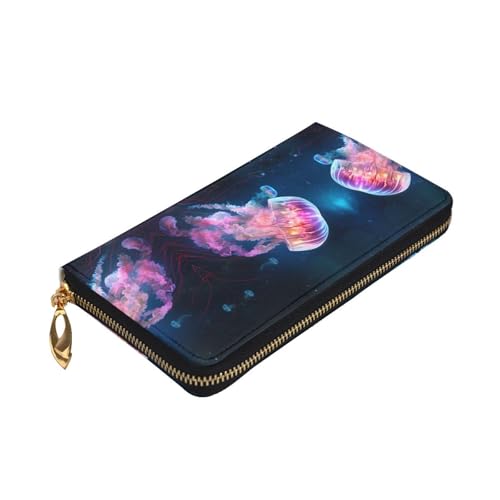 Stylish Colorful Jellyfish Picture Leather Wallet - Long Clutch for Women, RDurable Material, 12 Card Slots, Zipper Compartments3