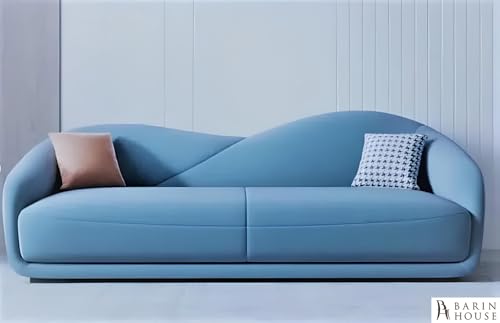 Image of 3 Seater Teak Wood Sofa Set Roll Arm Modern Classic Chesterfield for Living Room Office & Lounge, Bedroom. (Light Blue)