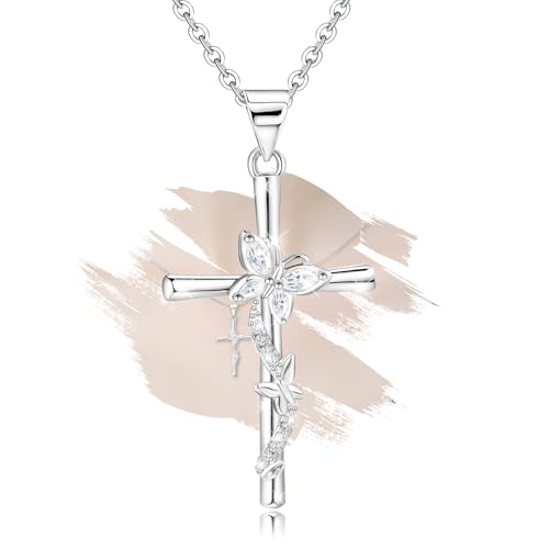 Charms Sterling Silver Trendy Cross Butterfly Pendant Necklace Dainty CZ White Gold Plated Hypoallergenic Jewelry with Silver Chain Fashion Birthday Gift for Women