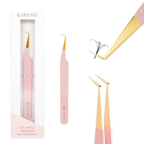 KIARA SKY LASH Tweezer for Eyelash Extensions | Precision Fiber Tip Grip | Volume, Mega Volume, and Lash Removal Fills | Comfortable Ergonomic Design | Pink and Gold, 90° ANGLE TWEEZER