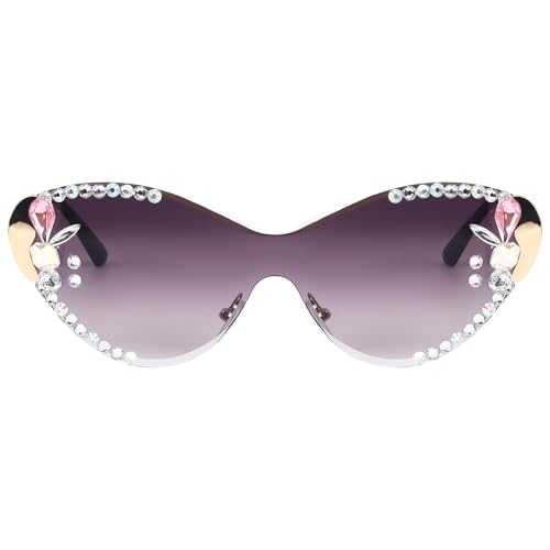 Image of Dervin Cat Eye Sunglasses for Women - UV400 Protection, Rimless Flower Diamond-Cut Lens, Trendy Driving Shades for Women