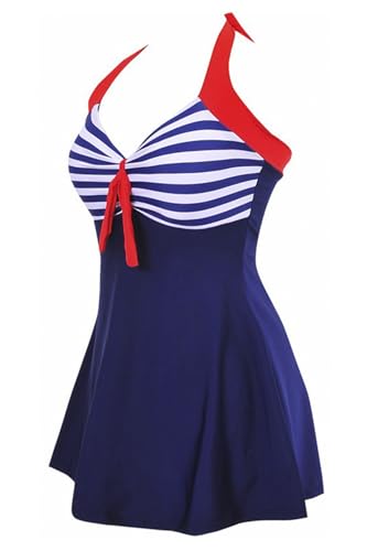 AMAGGIGO Damen Neckholder Push up BadekleidFigurformender Bunt Badeanzug mit Röckchen Bauchweg Einteiliger Badekleid（3blue Strip，Größe 50...