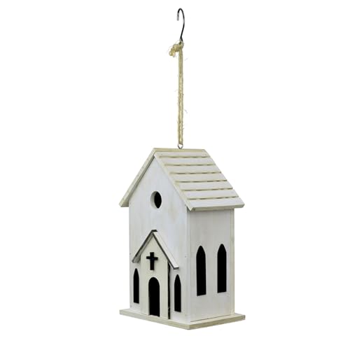 Red Carpet Studios Small Birdhouse - Chickadee, Nuthatch, Titmouse, or Warbler Hanging Bird House, 20.5' Long, White Church