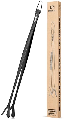 Dual Tip Cooking Tweezers Tongs, Double Ended 2-in-1 Professional Stainless Steel Kitchen Tweezers for Cooking, Repairing, Sea Food, BBQ, Decorating, Pet Feeding (12 Inch, Black)