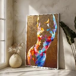 Tableau abstrait coloré silhouette féminine pour donner de la couleur à un mur blanc de salon