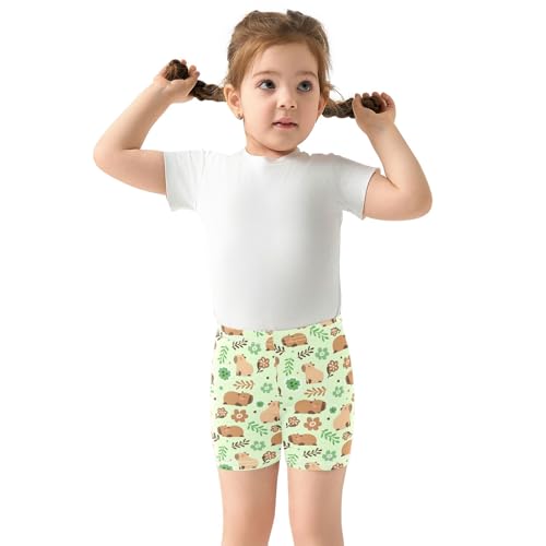 Cute Capybara Green Flowers Girls Shorts Elastic Waist Sports Shorts Girls Leggings Pants for 4-10 Years3