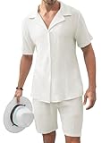 KUYIGO Men's 2 Pieces Beach Outfits Cotton Shirt Set Short Sleeve Button Down Casual Hippie Holiday Beach T-Shirts Shorts Outfits White XX-Large