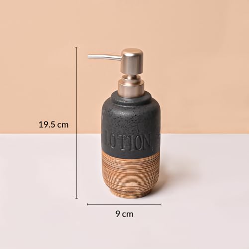 Image of Market99 Ceramic Bathroom Set Matte Black & Brown with Sophisticated Wooden Elegance Pattern, Includes Soap Dispenser, Tumbler, Toothbrush Holder, & Soap Dish for Coordinated Bathroom Style, 350ML