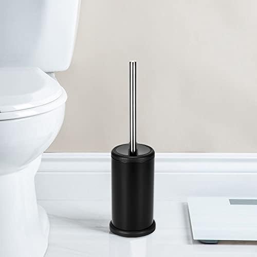 Toilet Brush and Holder Silicone with Stainless Steel Long Handle Free Standing Toilet Bowl Brush and Bin Set Black