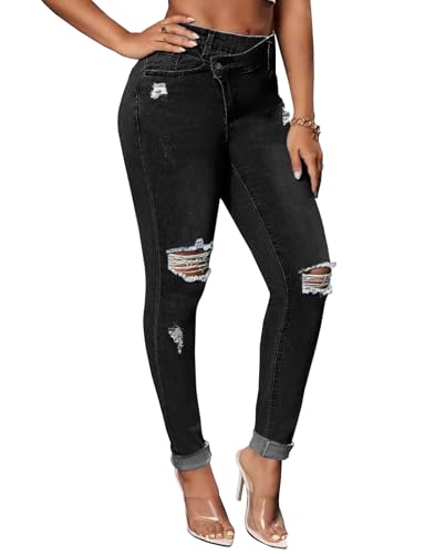 Women Slim Skinny Fit Ripped Cropped Jeans Stretch Distressed Destroyed High Waisted Denim Pants