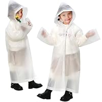 ANYOO Waterproof Rain Poncho Jackets for Kids, 2 Pack Hooded Raincoats with Long Sleeves for Boys Girls Height 110-150cm Hiking Camping Traveling, White