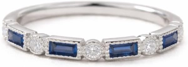 Blue Sapphire & CZ Diamond Engagement Band Ring for Women Baguette Cut Sapphire Wedding Band 14K White Gold Anniversary September Birthstone Fine Jewelry GiftFor Her