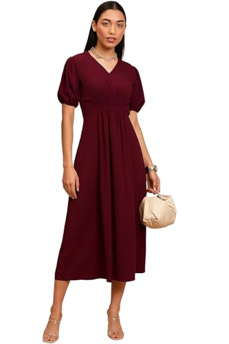 Image of Amazon Brand - INKAST Women A-Line Midi Dress | Puff Sleeves | Perfect for Casual and Semi-Formal Occasions