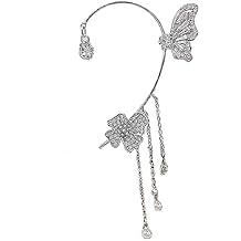 BSLVWG 2 Pieces Ear Wrap Earrings,Silver Butterfly Cuff Earrings Butterfly Wrap Earrings Vintage Ear Cuff Earrings No Piercing Ear Clip Wrap Flowers Tassel Long Cuff Earrings Jewelry Gifts for Women