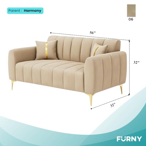 Image of FURNY Harmony 2 Seater Velvet Fabric Sofa Set (Beige) with Golden Finish Legs Durable & Comfortable Ideal for Living Room