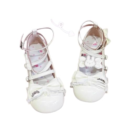Cute Lolita Mary Jane Shoes for Women Cute Bunny Bow with Lace Trim and Round Toe Low Cat Paw Heel