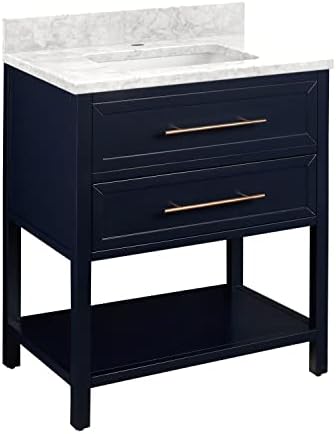 Signature Hardware 459396 Robertson 30" Free Standing Single Vanity Cabinet Set with Mahogany Cabinet, Vanity Top and Rectangular Undermount Sink - Single Faucet Hole - Midnight Navy/Carrara Marble
