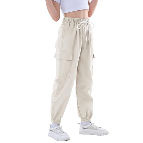 Rolanko Girls Pants Loose Elastic Cargo Joggers with Multi Pockets Kids Trousers (Beige, 8-9 Years)