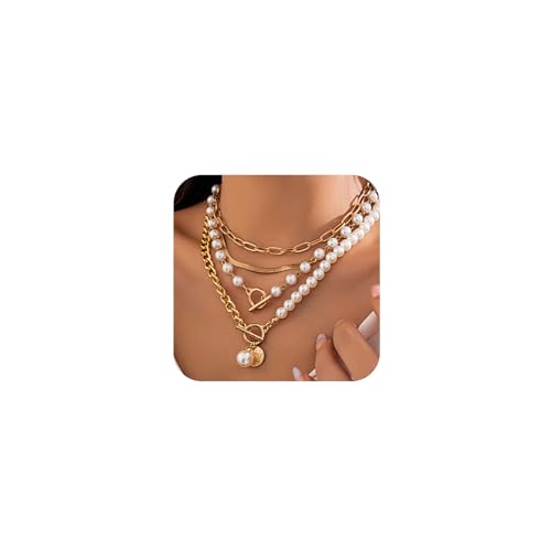 Chunky Gold Layered Pearl Necklaces Set for Women Trendy Stack Half Chain Half Pearls Beaded Statement Necklace OT Buckle Paperclip Choker Jewelry Gift