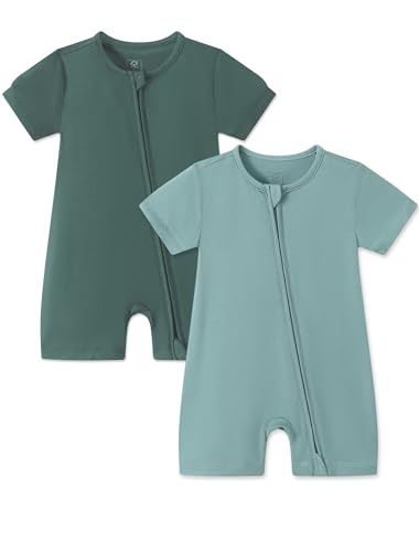 Image of JunNeng Baby 2 Pack Rayon of Bamboo Romper Sleeper 2 Way Zipper Short Sleeve Jumpsuit Zipper Footless One-piece