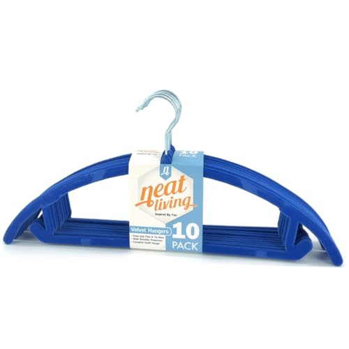 Neat Living Premium Velvet Hangers (Pack of 10) Heavyduty- Non Slip No Shoulder Bump Suit Hangers - Chrome Hooks, Space Saving Clothes Hangers, Rounded Hangers for Coat, Sweater, Jackets, Pants (Blue)