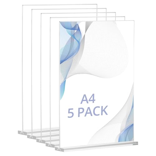 QWORK® 5 piezas soportes de mesa acrílicos A4, soporte para carteles de doble cara en T forma, expositores, para oficina, tienda, restaurante