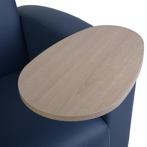 Image of Romig Superstellar Loveseat with 360-Degree Swiveling Tablet Arm, Noble Oak Finish, Navy Blue Vinyl Upholstery, Ergonomic Seating for Offices, Homes, Lounges, or Study Areas