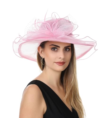 Women's Organza Church British Fascinator Bridal Tea Party Wedding Hat Summer Ruffles Cap(Hj-Pink Bow 2)