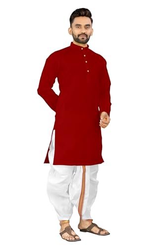 Image of UNIQUE MOMENTS Men's Cotton Dhoti Kurta Set with Full Sleeves Solid Pattern Modern Style and Mandarin Collar Neck | Perfect for Puja & Celebrations