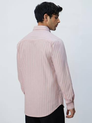 Image of The Souled Store Slim-Fit Shirt: Lilac Stripes Men and Boys Long Sleeves Collared Neck Buttonfront Striped Regular Fit Lightweight All-Season Cotton Shirt