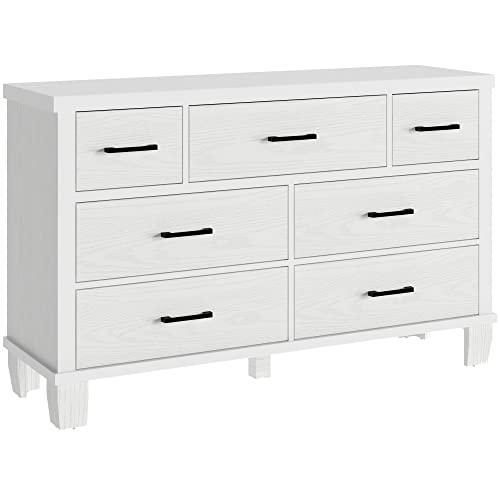 IDEALHOUSE Vintage Dresser for Bedroom with 7 Drawers, Vintage Design Wood Drawer Dresser Chest of Drawers for Closet, Living Room, Hallway, Nursery, Kids Bedroom (White, 7 Drawers)