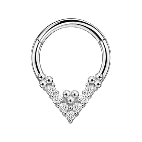 Surgical Steel Septum Jewelry 16g Septum Rings for Women Prong Set CZ Teardrop Septum Clicker Silver Septum Ring 16 Gauge 8mm Beaded Daith Piercing Jewelry Triangle Septum Ring, Metal, cubic zirconia Cover