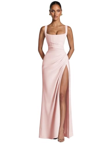 Djqpi Mermaid Bridesmaid Dress for Wedding Corset Ruched Square Neck Formal Evening Party Gowns Blush Pink Size 6